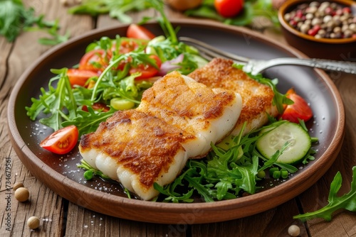 Fried cod fillet with vegetable salad on wooden table