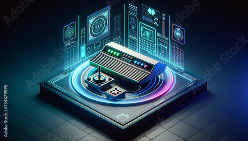 Futuristic Atari game console with vibrant neon colors and holographic projections.