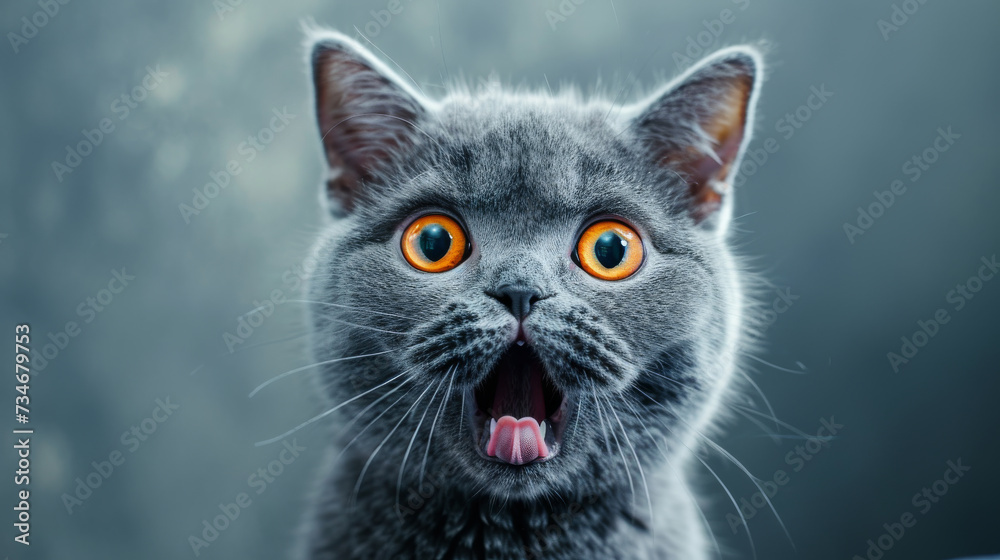 Close up blue British short hair cat head with shocking face and wide open eyes. Frighten or surprised cat when look at something. Shock or surprise animal concept. Close up blue British short hair cat head with shocking face and wide open eyes. Frighten or surprised cat when look at something. Shock or surprise animal concept.