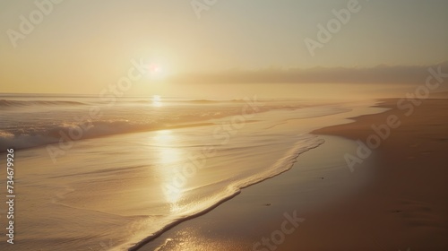calm and empty beach at sunrise, where the soothing sound of waves breaking on the shore reflects the tranquility of a peaceful mind