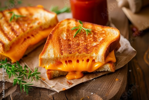 Freshly made cheddar grilled cheese with ketchup photo