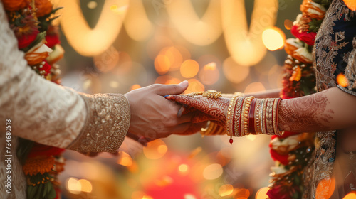 Hindu wedding bride and groom holding hands during traditional ceremony. Exchanging vows, closeup of jewelry and henna.