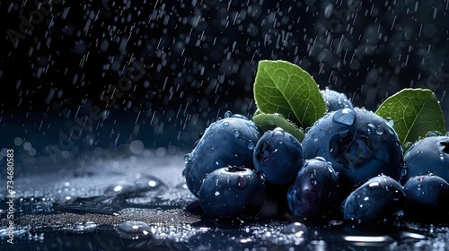 blueberries in the rain with black background 