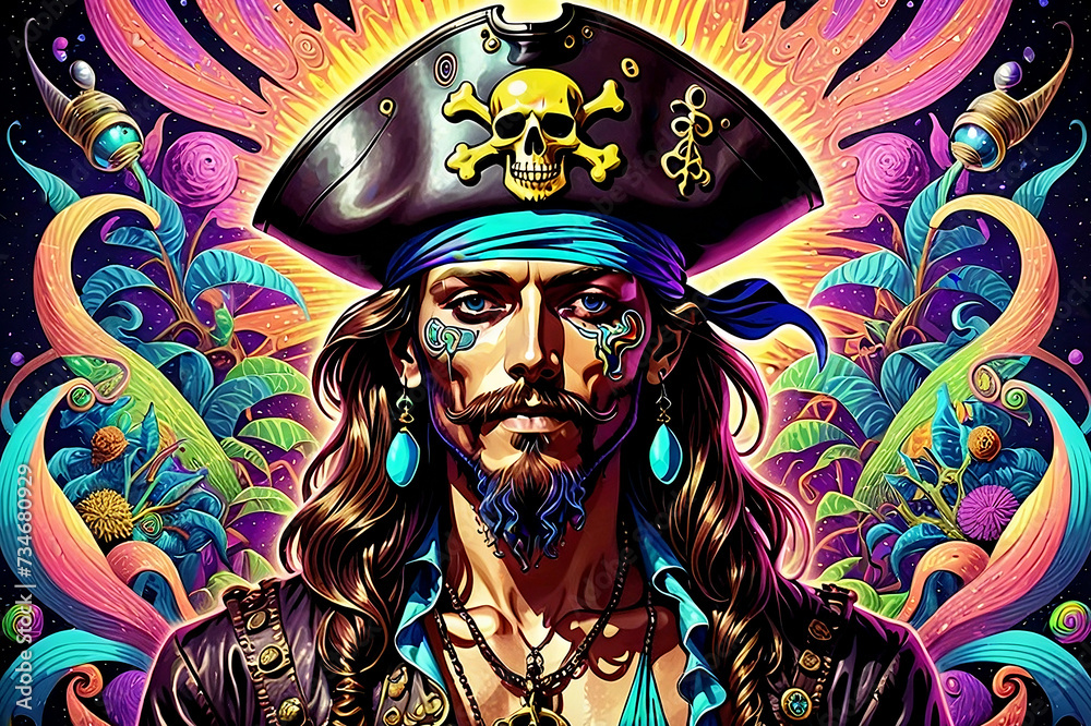 Fototapeta premium Illustration of a pirate showcasing psychedelic hallucinations in dmt art style.