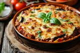 Eggplant casserole with minced meat tomato sauce and mozzarella on wooden background