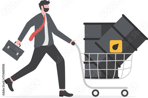 Crude oil investment, buy oil stock to make profit, fuel, power or energy company concept, businessman investor buying crude oil gallon in shopping cart trolley.

