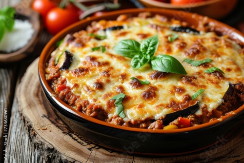 Eggplant casserole with minced meat tomato sauce and mozzarella on wooden background