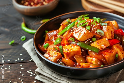 Korean hot sweet and sour tofu with peppers onions hot sauce and sesame seeds