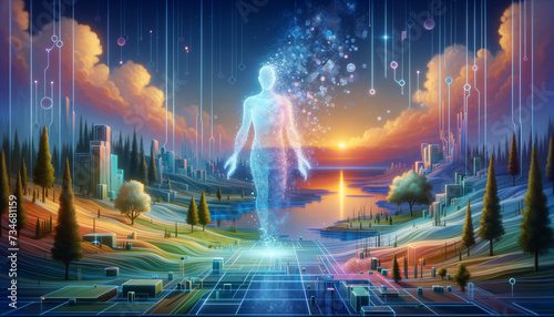Tranquil AI entity in gaming landscape, mid-transformation, with floating pixels. Soft pastel-neon palette.