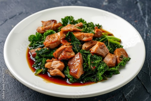 Kale and crispy pork in oyster sauce on plate