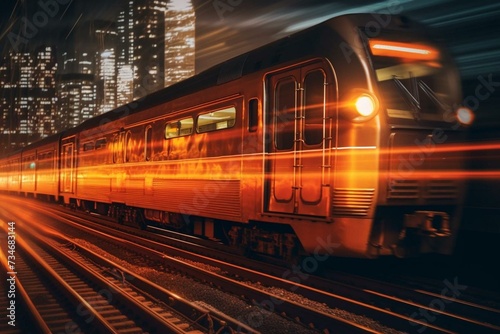 Night city train in motion. Generative AI