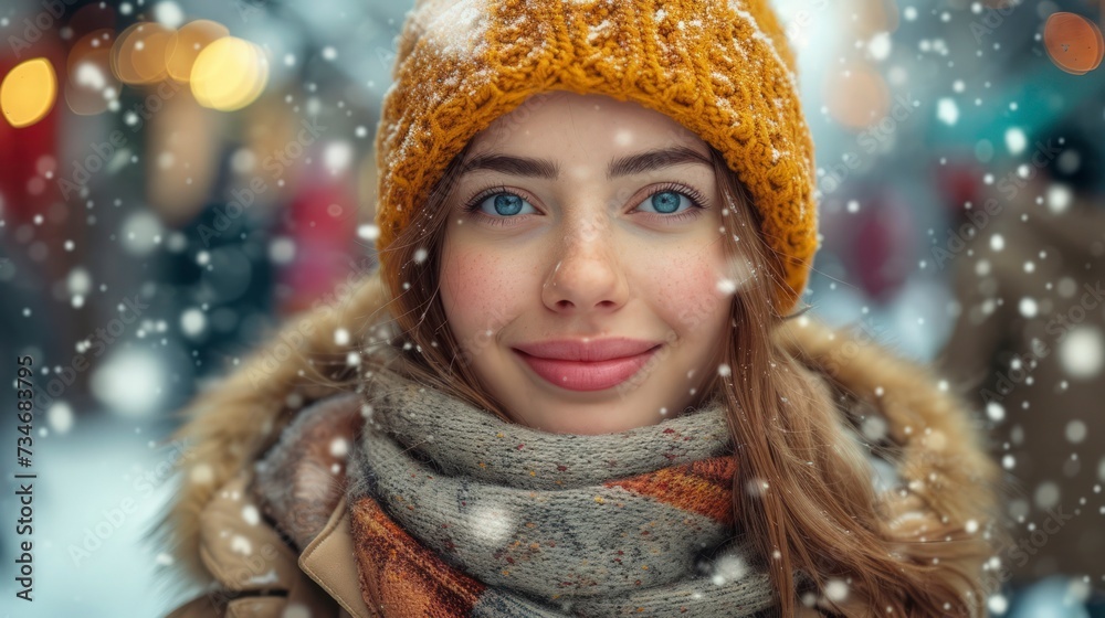 Portrait of a beautiful young woman smiling at her cheek with an orange beanie, bokeh snowy town background, Christmas celebration Portrait of a beautiful young woman smiling at her cheek with an orange beanie, bokeh snowy town background, Christmas celebration
