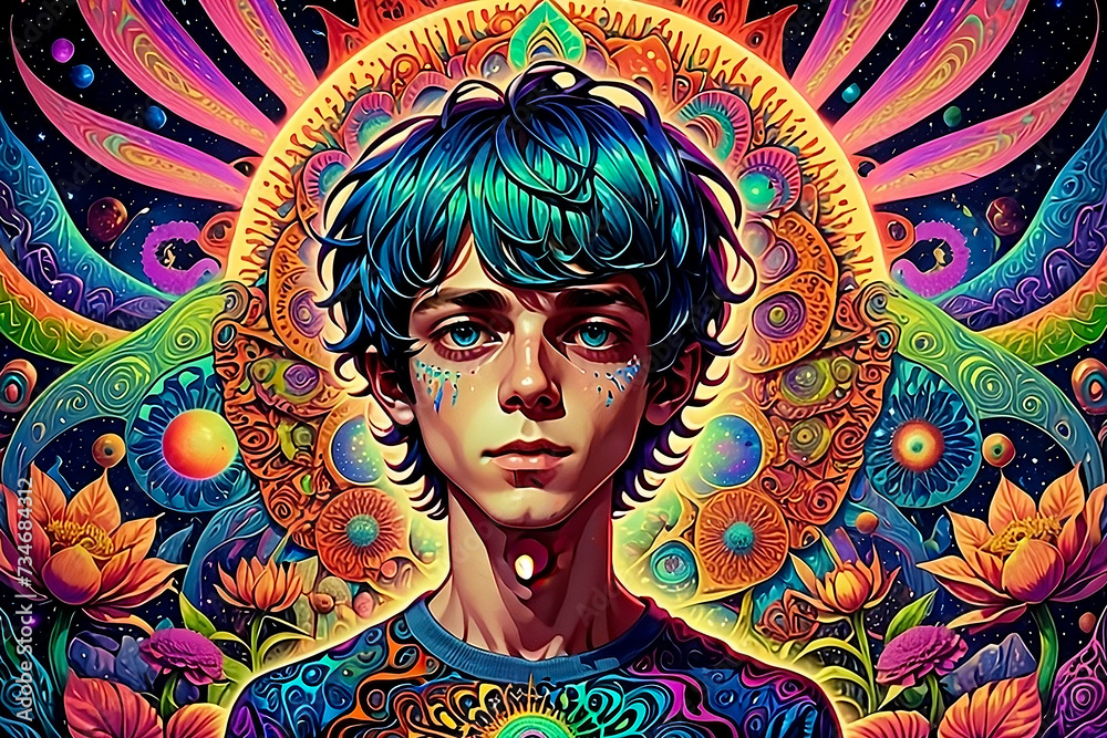 Illustration of a young boy showcasing psychedelic hallucinations in dmt art style.