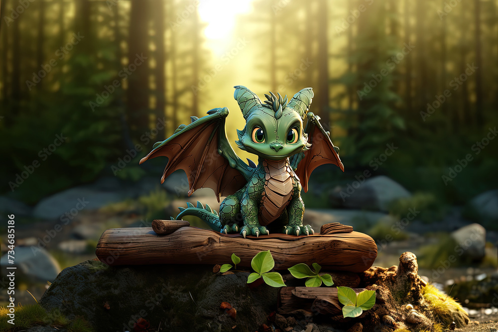 Obraz premium Enchanted Duet: A Tiny Dragon Perches on an Ancient Log