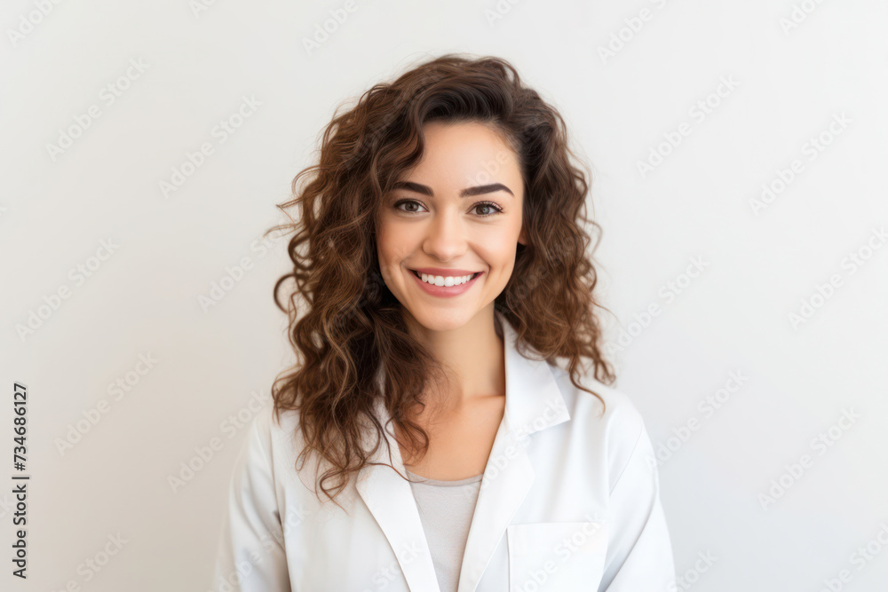 Beautiful Young Caucasian Woman with Curly Hair, Posing Confidently in Casual White Shirt against Green Studio Background, Expressing Happy and Trendy Emotions. Beautiful Young Caucasian Woman with Curly Hair, Posing Confidently in Casual White Shirt against Green Studio Background, Expressing Happy and Trendy Emotions.
