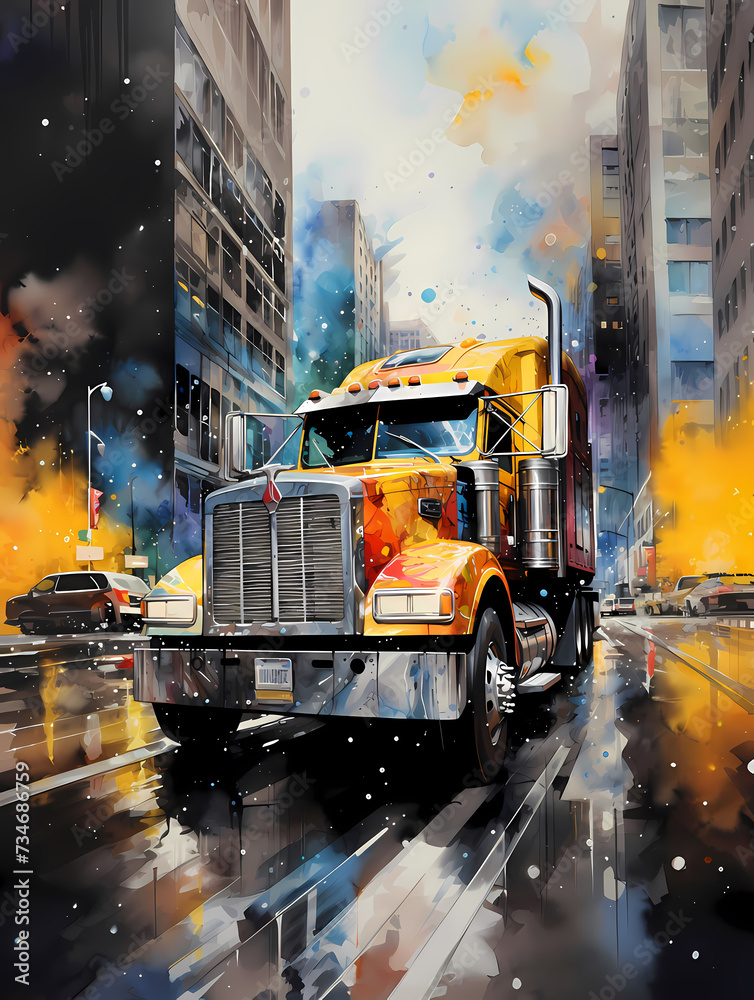 Illustration d'un gros truck américain dans un beau paysage Illustration d'un gros truck américain dans un beau paysage
