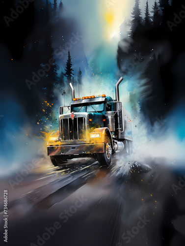 Illustration d'un gros truck américain dans un beau paysage