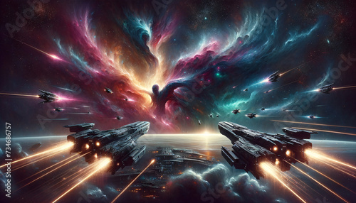 Intense space dogfight between futuristic spacecraft in vibrant nebula.