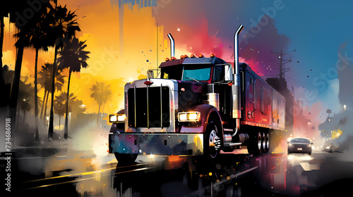 Illustration d un gros truck am  ricain dans un beau paysage