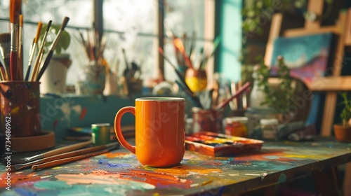 A coffee mug on an artist's table, amidst paintbrushes and color palettes, creativity in progress