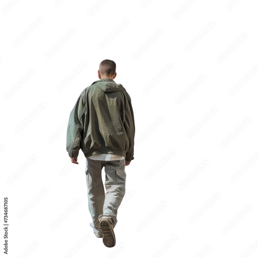 Man in Green-Grey Jacket and Casual Pants Walking Away - Isolated Back View