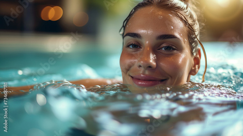 Woman in a pool performing aquatic workouts. Indoor gym fitness underwater.