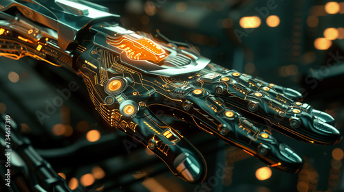 A 3D render of a cybernetic hand with futuristic symbols and intricate circuitry © pprothien