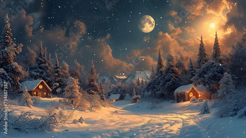 Winter Night Sky: A Lunar Nighttime Scene with Snow-Covered Trees and a Full Moon Generative AI