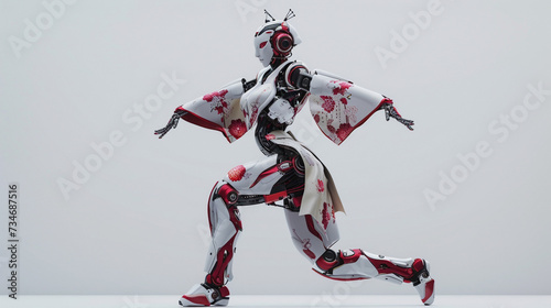 A futuristic dance of a robot formed in the likeness of a graceful geisha in a 3D render © pprothien