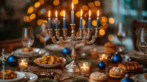 Holiday Haven: A Festive Hanukkah Dinner with Blue and Gold Candles Generative AI
