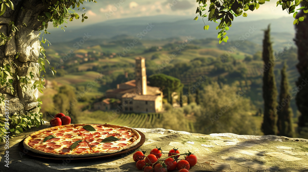 A scenic Tuscan countryside background with a rustic Italian pizza ideal for a unique 3D render - obrazy, fototapety, plakaty 