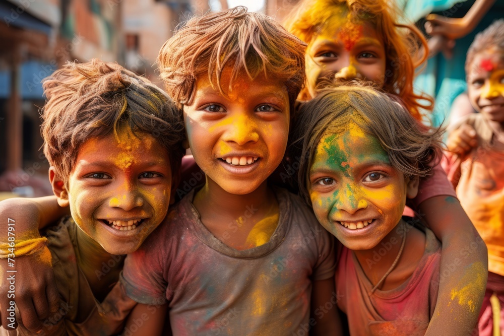 Holi celebrations - Group of kids playing Holi in India