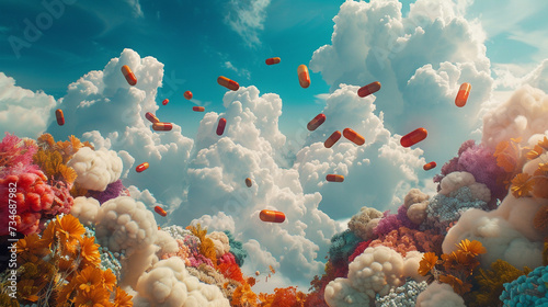 A unique dreamlike fantasy scene featuring gigantic pills floating in the sky photo
