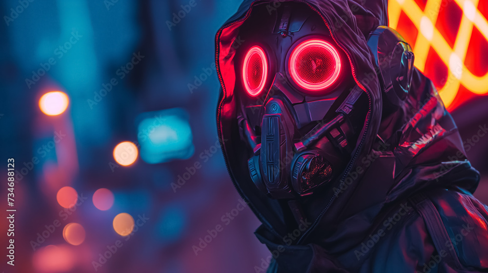 Futuristic masked figure with glowing red eyes.
