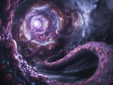 A vivid 3D render of a galaxy entwined with hypnotic tentacles for a unique illustration aimed to be used as a compelling and realistic backdrop background