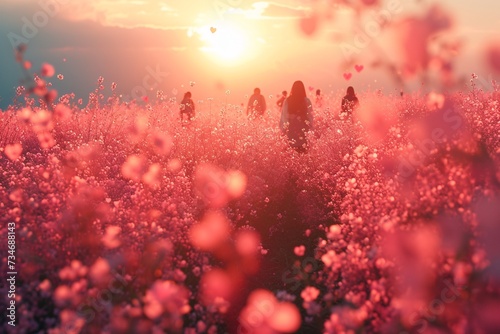 Pink Flower Field: A Sunset Walk in the Flowers Generative AI