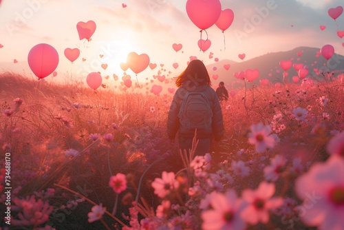 Pink Heart Balloons: A Love-Filled Sunset Generative AI