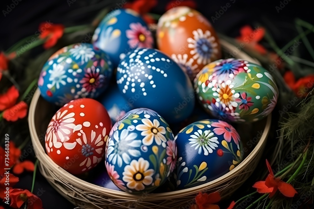 A arrangement of hand-painted eggs with intricate designs and patterns nestled within a bowl against a dark, moody background A arrangement of hand-painted eggs with intricate designs and patterns nestled within a bowl against a dark, moody background