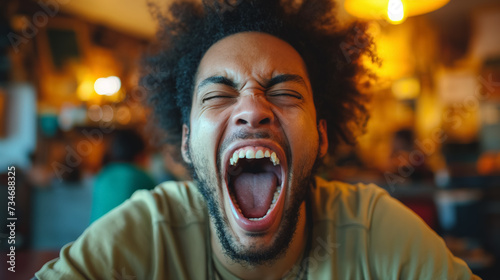 Energetic man yelling with a humorous expression. photo