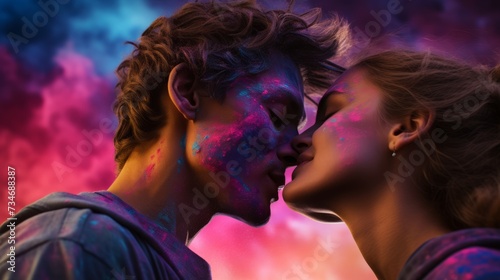 Young boy and girl in Holi colors. Lovers gently hug and kiss each other