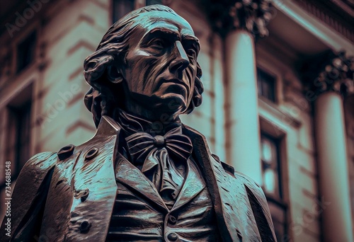 Albert Gallatin statue in front of the US Treasury Building in downtown Washington, DC. Generative AI photo