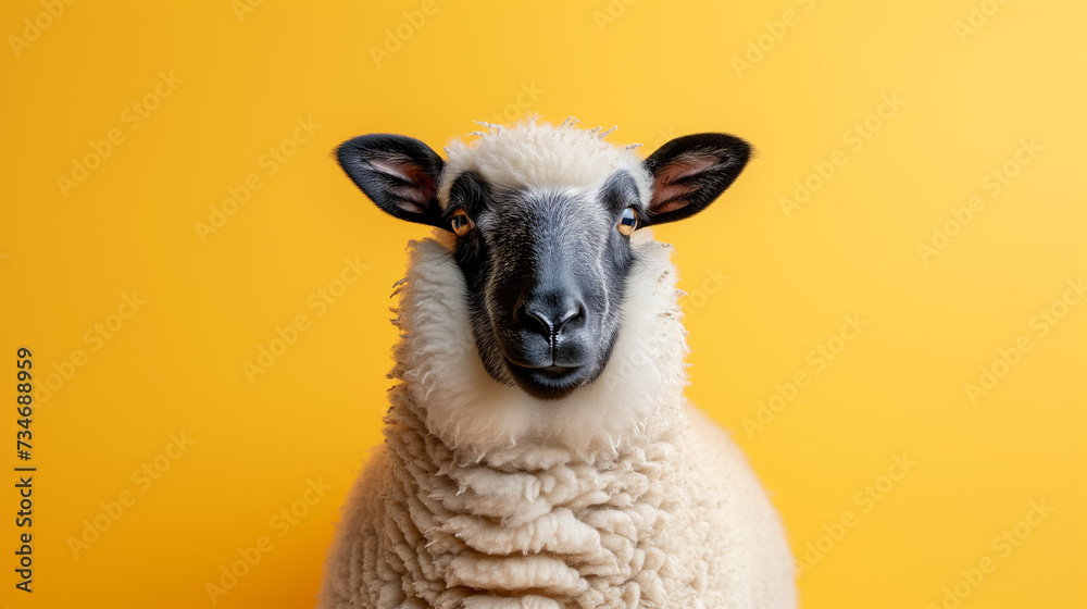 Funny face black face sheep isolated on pastel yellow background.