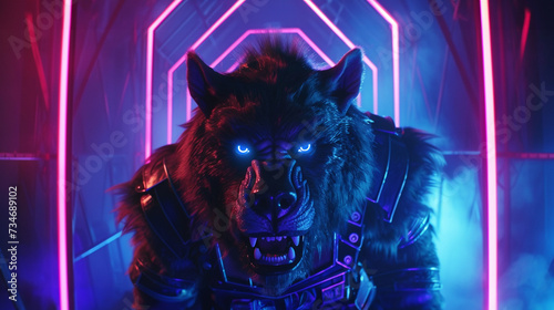 Striking union of beastman characteristics and high tech cybernetics situated in a unique neon lit setting