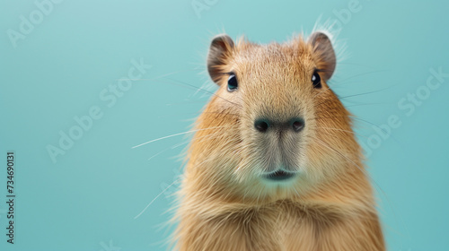 Funny face Capybara isolated on pastel blue background (Hydrochoerus Hydrochaeris). photo