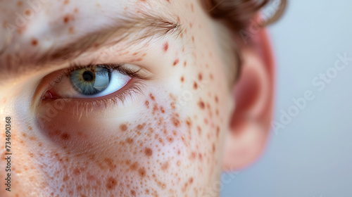 Close-up of a child's freckled face and eye.