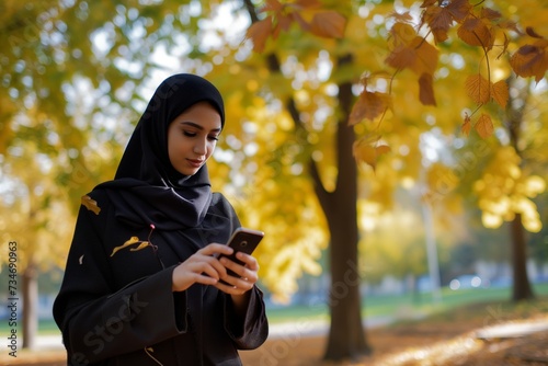 woman in chic abaya using smartphone in park photo