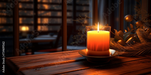 Candles on a table with a window behind them, Tranquil Evening Scene: Candles on Table with Window Behind