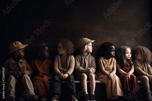 A group of teenage children of different races and genders sit in a row, black background isolate.