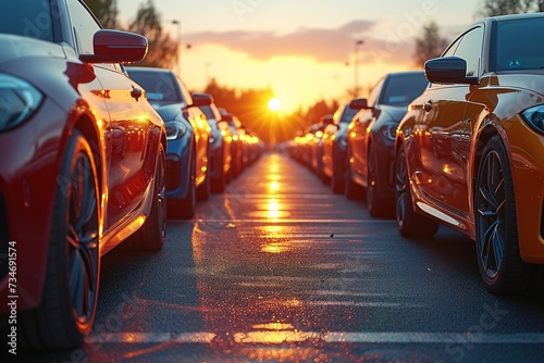 Sunset Serenade: A Parking Lot of Cars and Trucks Generative AI