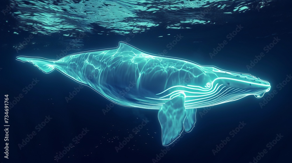 Fototapeta premium Neon whale swimming in the ocean underwater.